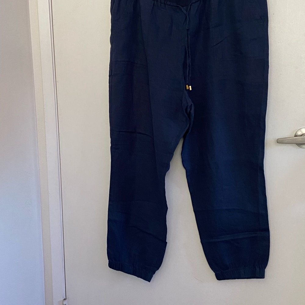 Ellen Tracy Blue Linen Pants Relaxed Fit Elastic Waist